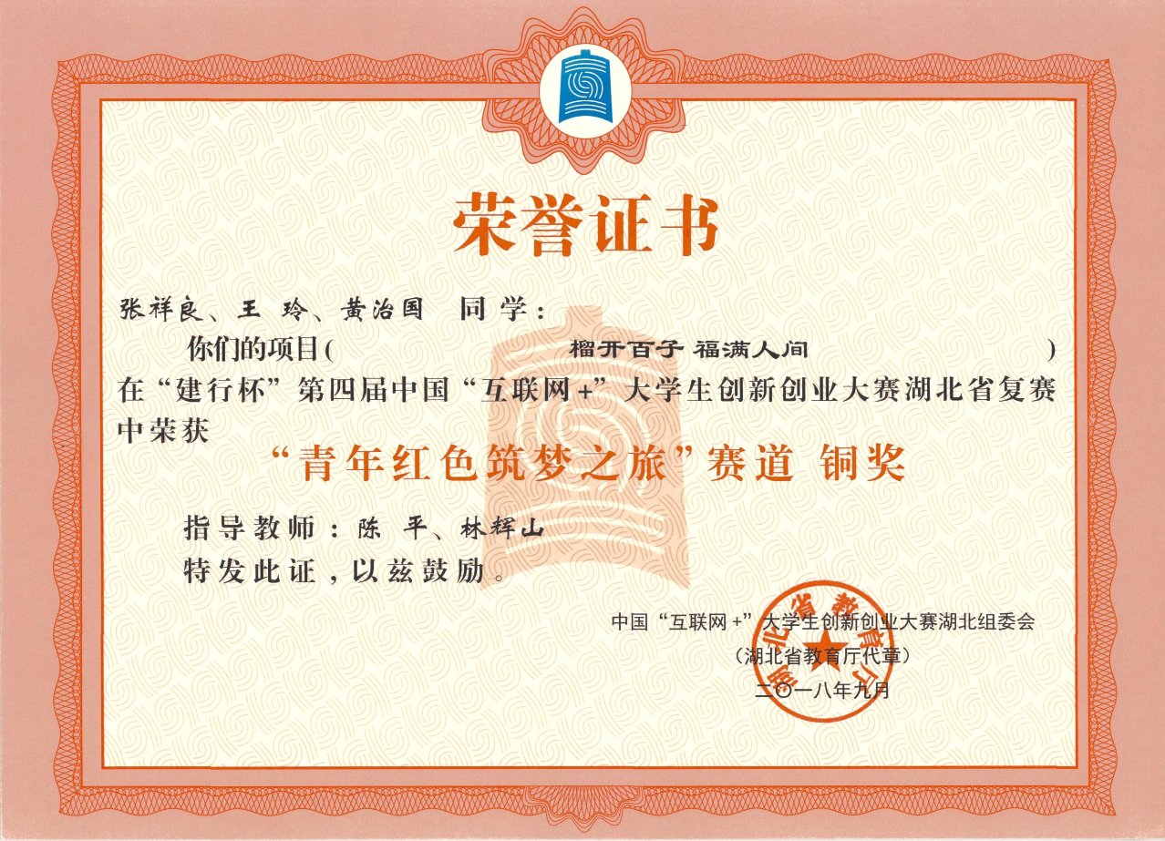 2018年第四届中国"互联网 "大学生创新创业大赛省赛证书